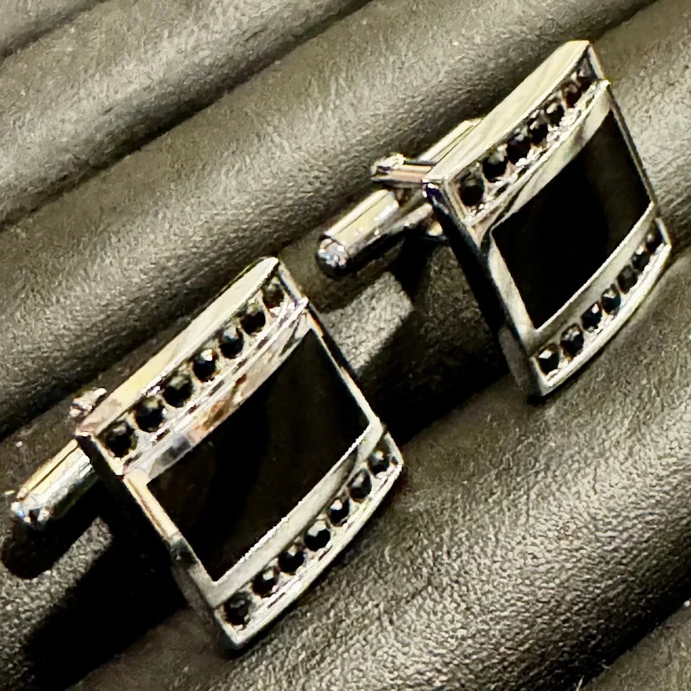 Mens Square Black Enamel Crystal Silver Tone Cufflinks 16mm Formal Wedding